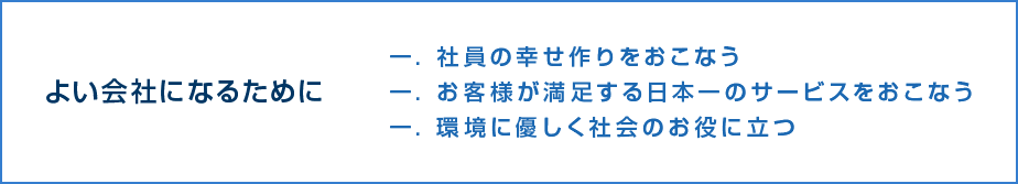 よい会社になるために 一.社員の幸せ作りをおこなう 一.お客様が満足する日本一のサービスをおこなう 一.環境に優しく社会のお役に立つ